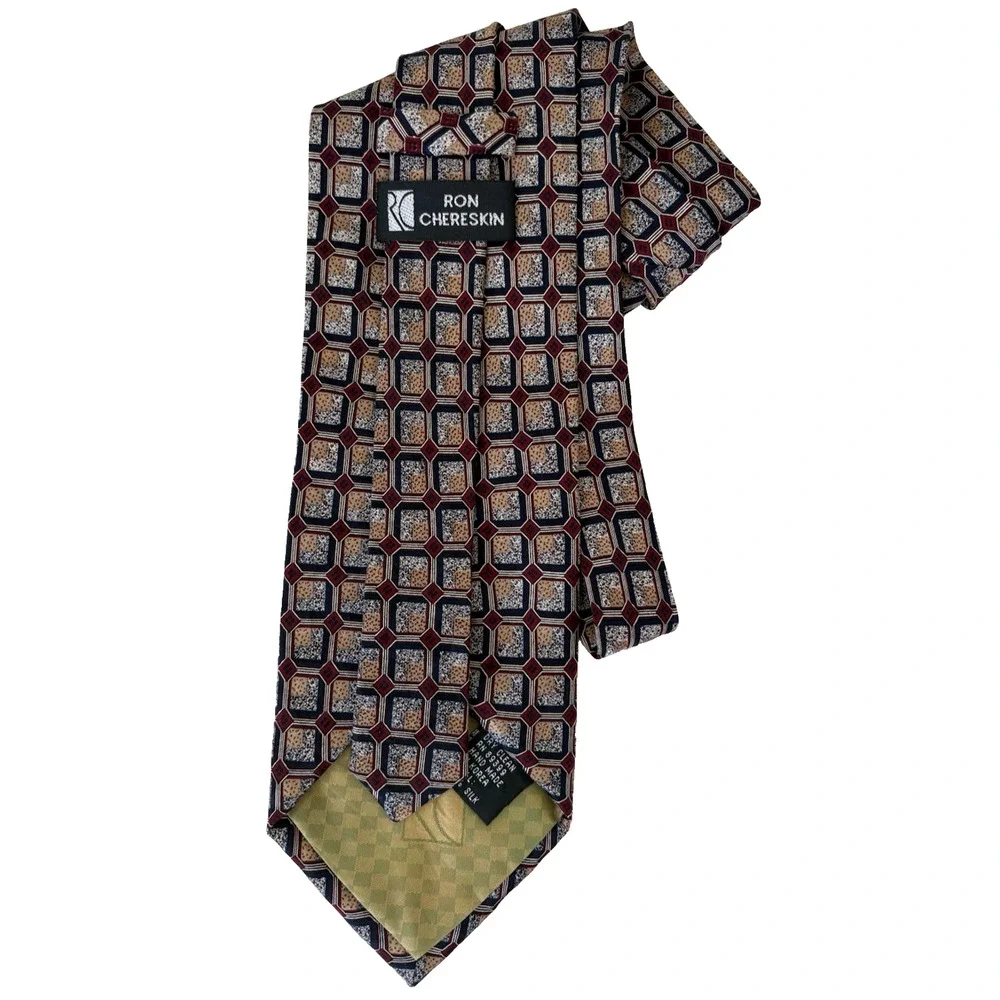 Ron Chereskin Silk Tie Handmade Korea Geometric 90s Burgundy Cream Beige 58.5